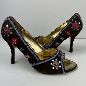 KATHY VAN ZEELAND Brown Embellished Detail Heels 9